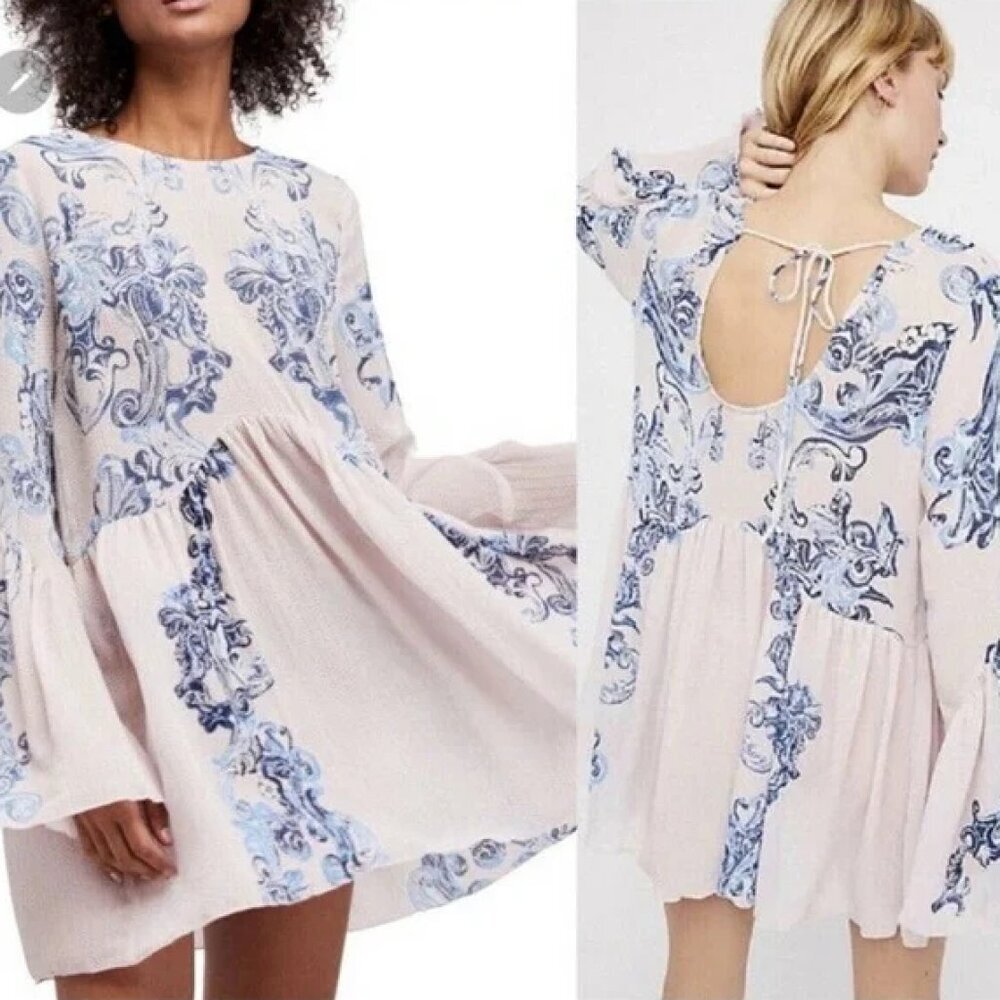 FREE PEOPLE Petal Pink Symphony Textured Printed Swing Mini Dress Large NWT